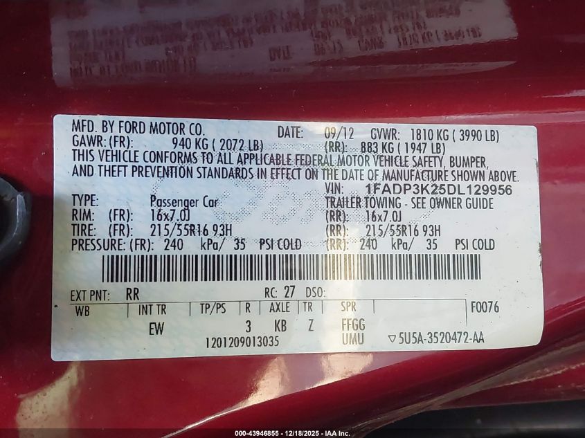 2013 Ford Focus Se VIN: 1FADP3K25DL129956 Lot: 43946855