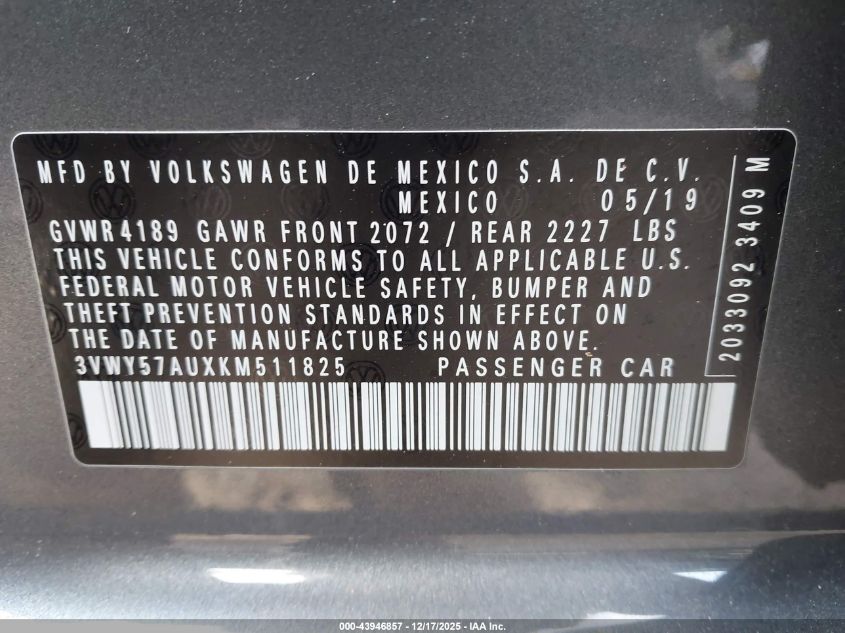 2019 Volkswagen Golf Sportwagen 1.4T S/1.4T Se VIN: 3VWY57AUXKM511825 Lot: 43946857