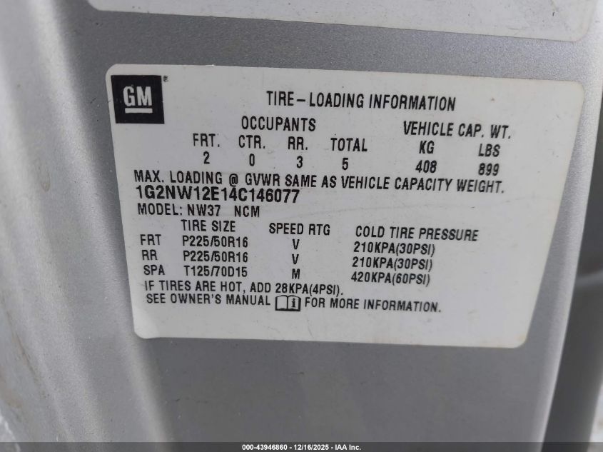 2004 Pontiac Grand Am Gt VIN: 1G2NW12E14C146077 Lot: 43946860