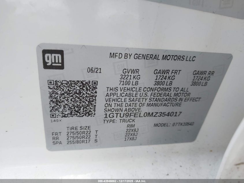2021 GMC Sierra 1500 4Wd Short Box Denali VIN: 1GTU9FEL0MZ354017 Lot: 43946862