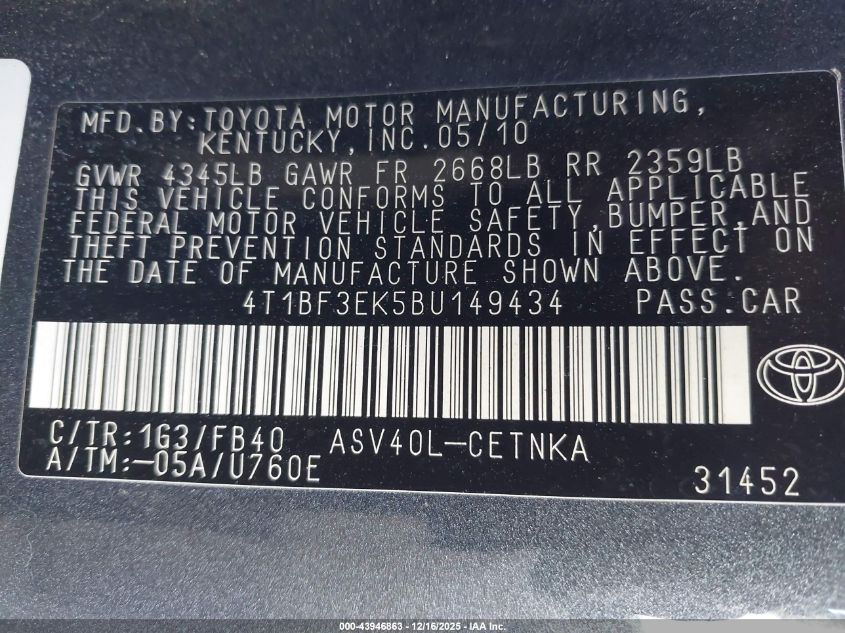 2011 Toyota Camry Le VIN: 4T1BF3EK5BU149434 Lot: 43946863