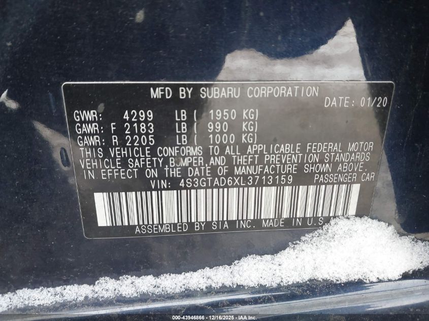 2020 Subaru Impreza Premium 5-Door VIN: 4S3GTAD6XL3713159 Lot: 43946866