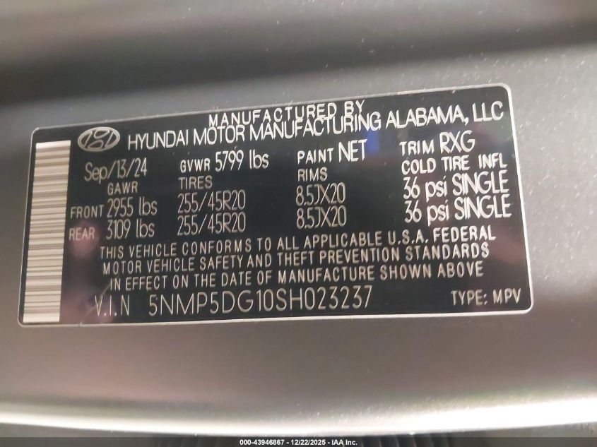 2025 Hyundai Santa Fe Hybrid Calligraphy VIN: 5NMP5DG10SH023237 Lot: 43946867