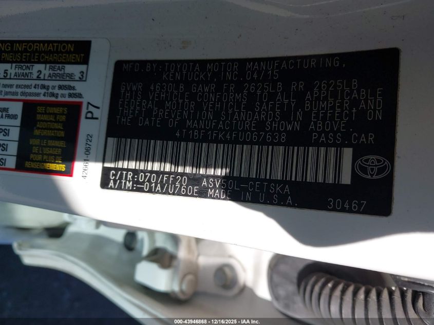 2015 Toyota Camry Se VIN: 4T1BF1FK4FU067638 Lot: 43946868