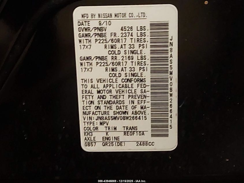 2011 Nissan Rogue Sv VIN: JN8AS5MV0BW266415 Lot: 43946869