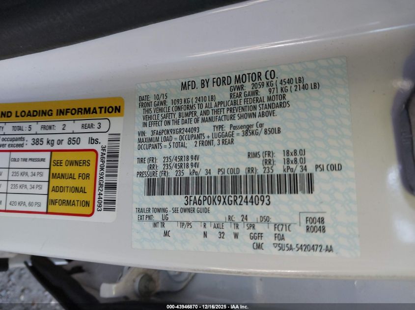 2016 Ford Fusion Titanium VIN: 3FA6P0K9XGR244093 Lot: 43946870