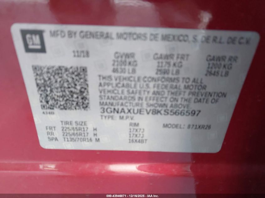 2019 Chevrolet Equinox Lt VIN: 3GNAXUEV8KS566597 Lot: 43946871