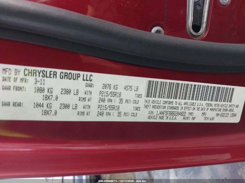 2011 Jeep Compass Limited VIN: 1J4NF5FB8BD204822 Lot: 43946873