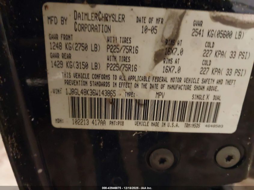 2006 Jeep Liberty Sport VIN: 1J8GL48K36W143865 Lot: 43946875