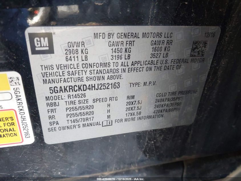 2017 Buick Enclave Premium VIN: 5GAKRCKD4HJ252163 Lot: 43946876