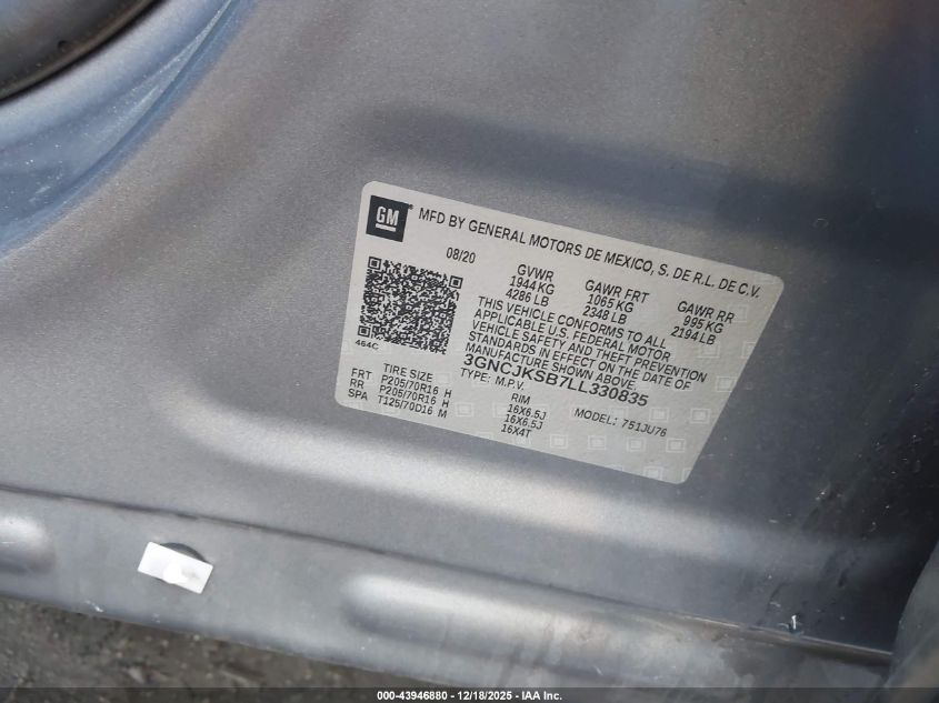 2020 Chevrolet Trax Fwd Ls VIN: 3GNCJKSB7LL330835 Lot: 43946880