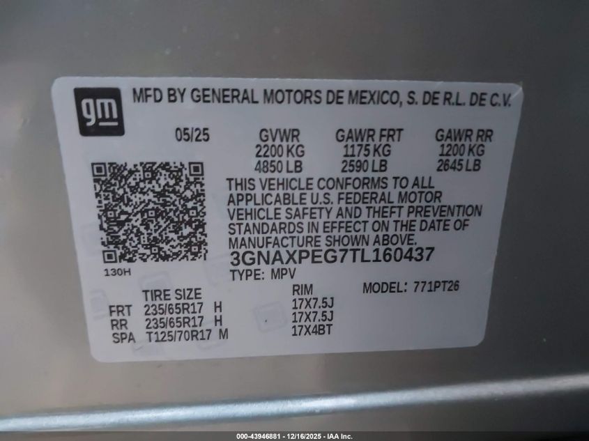 2026 Chevrolet Equinox Awd Lt VIN: 3GNAXPEG7TL160437 Lot: 43946881