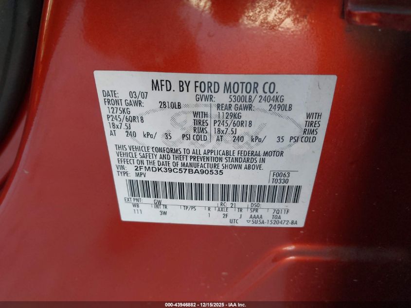 2007 Ford Edge Sel Plus VIN: 2FMDK39C57BA90535 Lot: 43946882