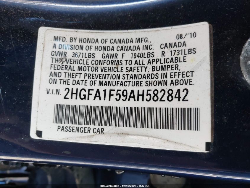2010 Honda Civic Lx VIN: 2HGFA1F59AH582842 Lot: 43946883