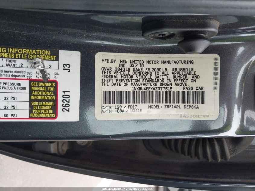 2010 Toyota Corolla S VIN: 1NXBU4EEXAZ377515 Lot: 43946885