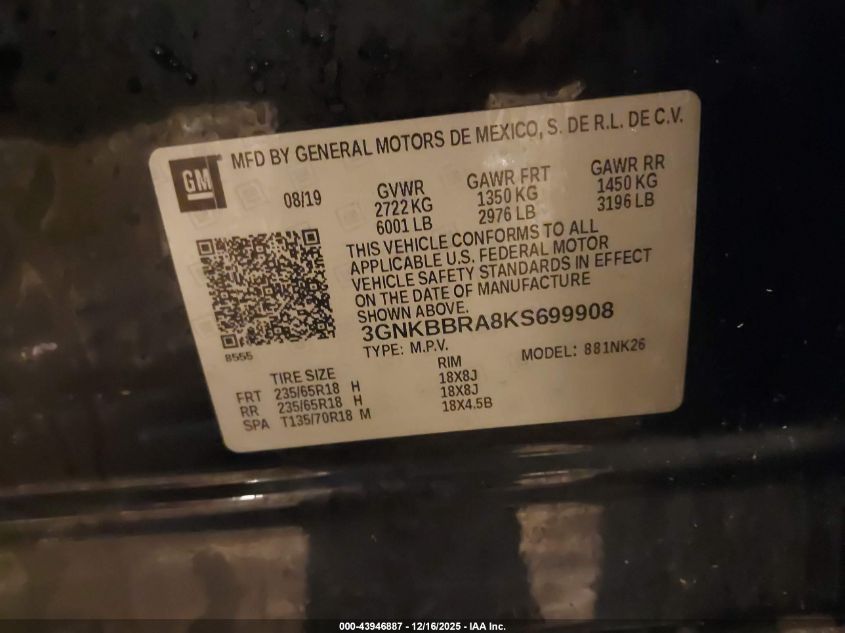 2019 Chevrolet Blazer VIN: 3GNKBBRA8KS699908 Lot: 43946887