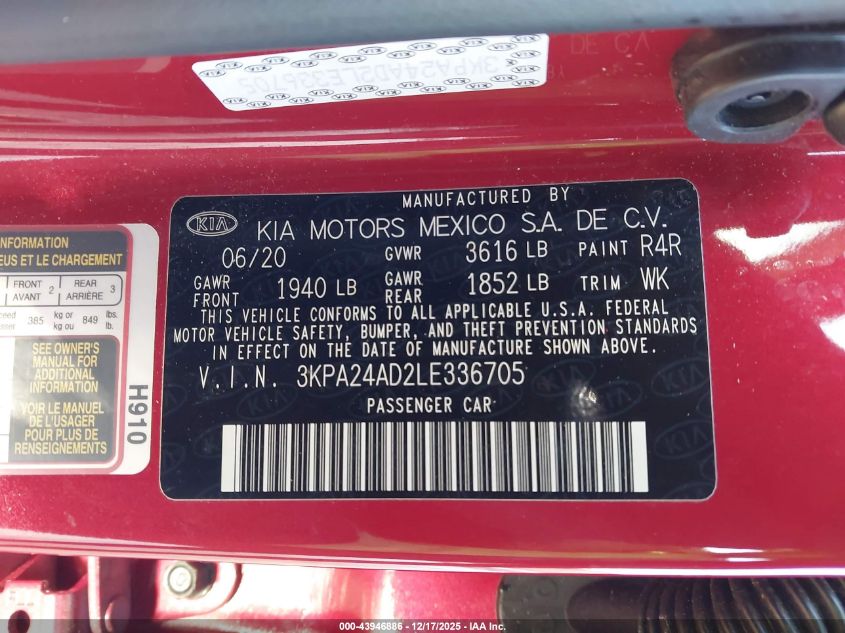2020 Kia Rio S VIN: 3KPA24AD2LE336705 Lot: 43946886