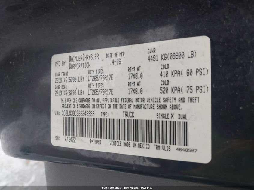 2006 Dodge Ram 3500 Laramie VIN: 3D3LX39C36G249993 Lot: 43946892