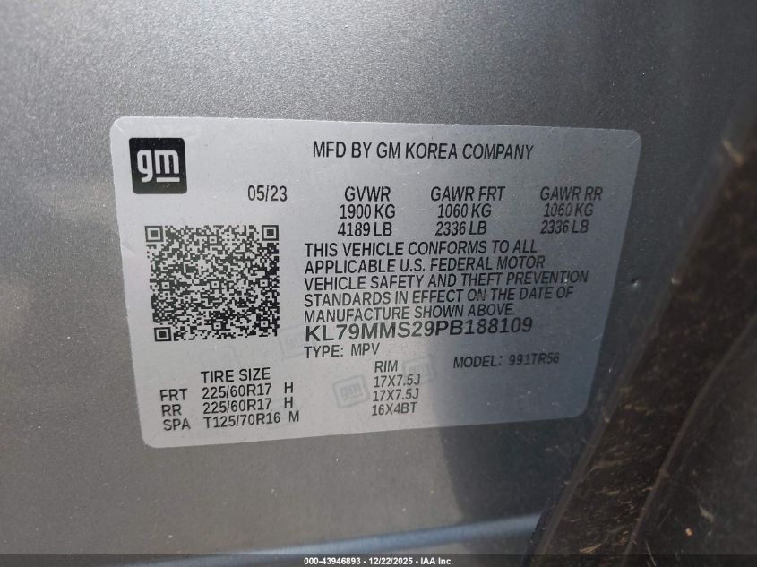 2023 Chevrolet Trailblazer Fwd Ls VIN: KL79MMS29PB188109 Lot: 43946893