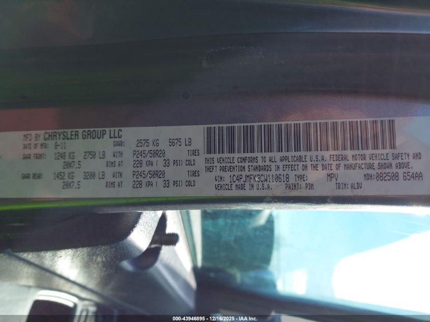 2012 Jeep Liberty Limited Jet Edition VIN: 1C4PJMFK3CW110618 Lot: 43946895