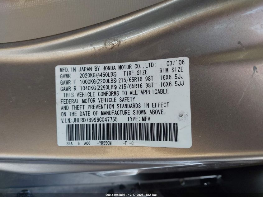 2006 Honda Cr-V Se VIN: JHLRD78996C047755 Lot: 43946896