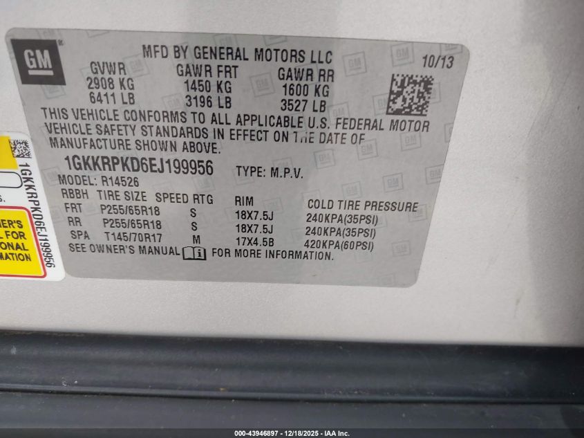 2014 GMC Acadia Sle-2 VIN: 1GKKRPKD6EJ199956 Lot: 43946897