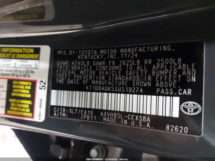 2025 Toyota Camry Se VIN: 4T1DBADK5SU519274 Lot: 43946899