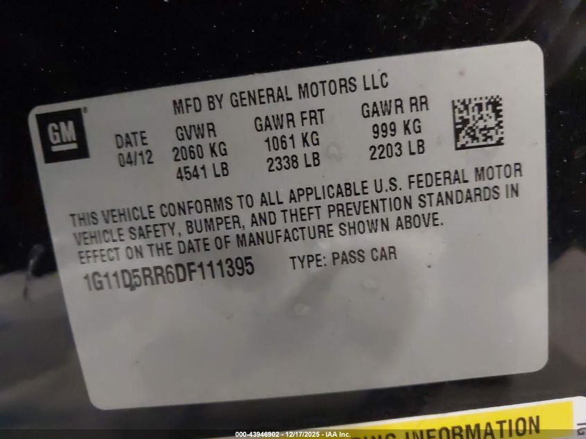 2013 Chevrolet Malibu Eco VIN: 1G11D5RR6DF111395 Lot: 43946902