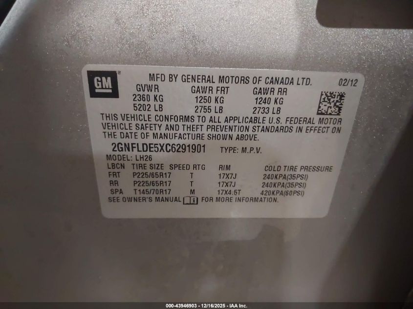 2012 Chevrolet Equinox 1Lt VIN: 2GNFLDE5XC6291901 Lot: 43946903