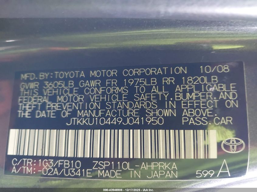 2009 Scion Xd VIN: JTKKU10449J041950 Lot: 43946906