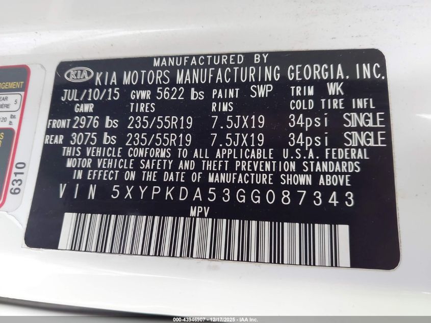 2016 Kia Sorento 3.3L Sxl VIN: 5XYPKDA53GG087343 Lot: 43946907