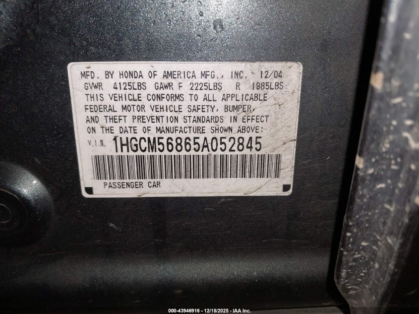 2005 Honda Accord 2.4 Ex VIN: 1HGCM56865A052845 Lot: 43946916