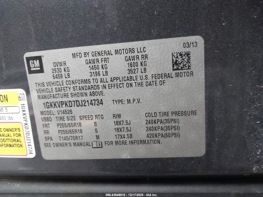 2013 GMC Acadia Sle-2 VIN: 1GKKVPKD7DJ214734 Lot: 43946918