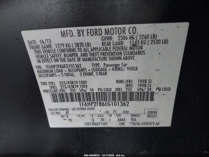 2014 Ford Taurus Limited VIN: 1FAHP2F86EG101362 Lot: 43946919