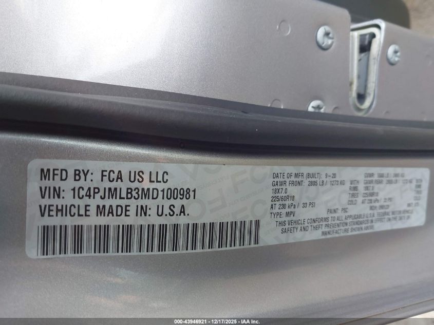 2021 Jeep Cherokee Altitude 4X4 VIN: 1C4PJMLB3MD100981 Lot: 43946921