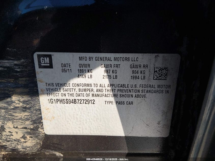 2011 Chevrolet Cruze Ltz VIN: 1G1PH5S94B7272912 Lot: 43946926