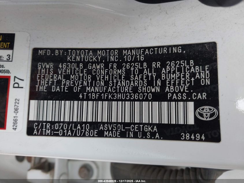 2017 Toyota Camry Xle VIN: 4T1BF1FK3HU336070 Lot: 43946928