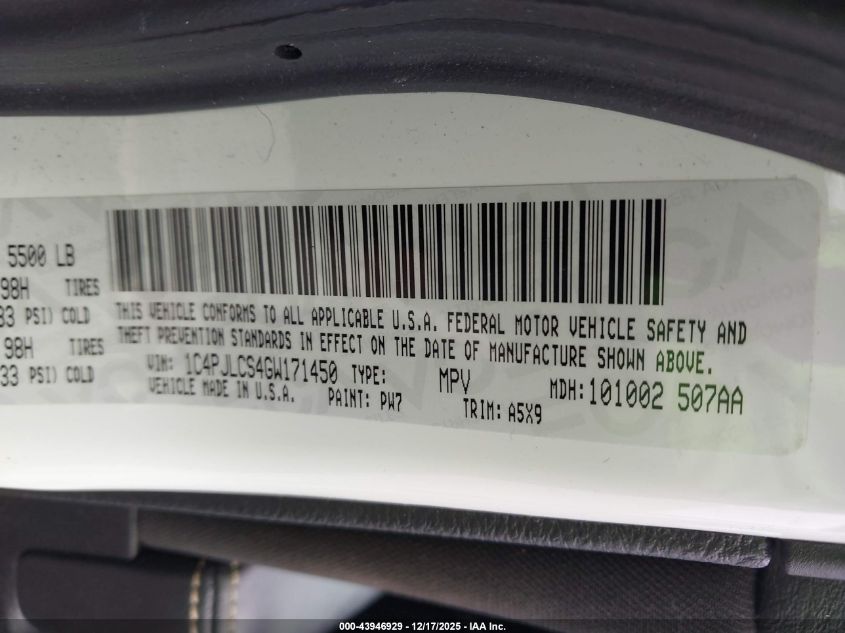 2016 Jeep Cherokee Altitude VIN: 1C4PJLCS4GW171450 Lot: 43946929