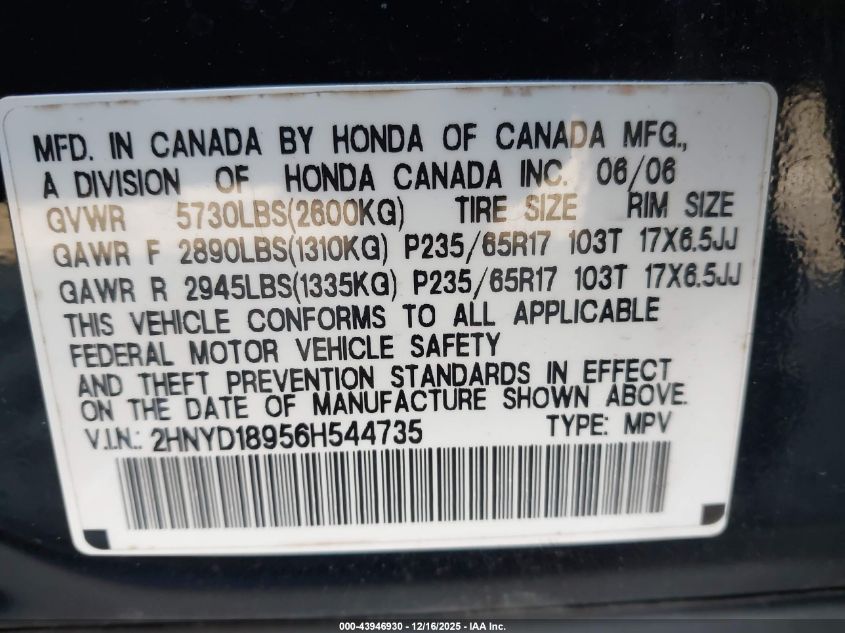 2006 Acura Mdx VIN: 2HNYD18956H544735 Lot: 43946930