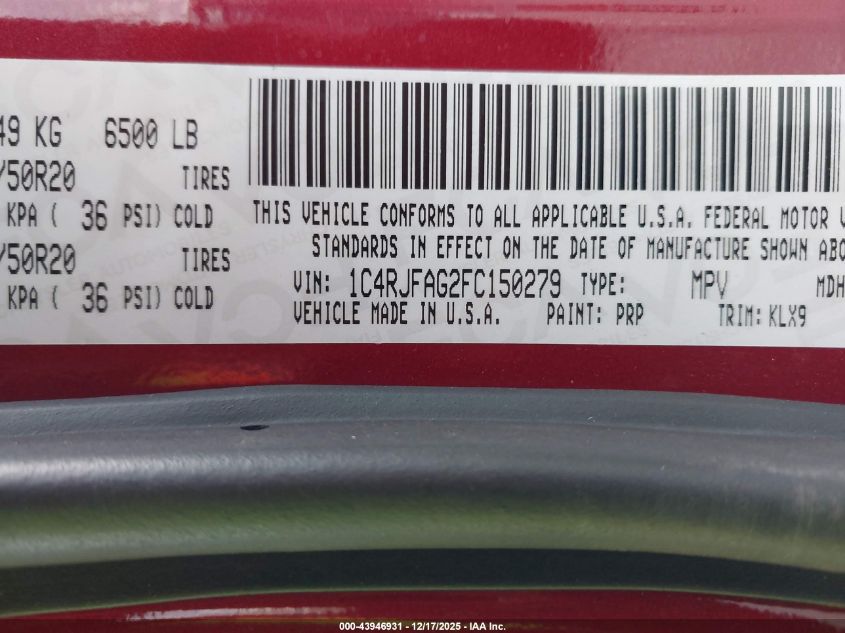 2015 Jeep Grand Cherokee Altitude VIN: 1C4RJFAG2FC150279 Lot: 43946931