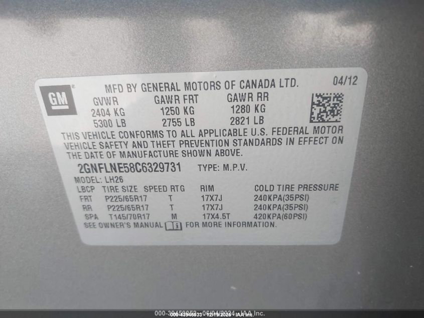 2012 Chevrolet Equinox 2Lt VIN: 2GNFLNE58C6329731 Lot: 43946933