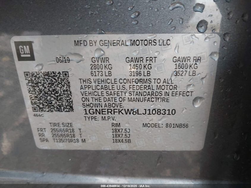 2020 Chevrolet Traverse Fwd Ls VIN: 1GNERFKW8LJ108310 Lot: 43946934