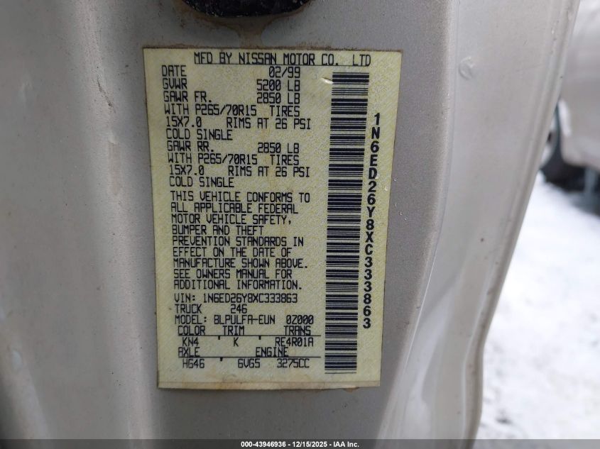 1999 Nissan Frontier Se-V6/Xe-V6 VIN: 1N6ED26Y8XC333863 Lot: 43946936