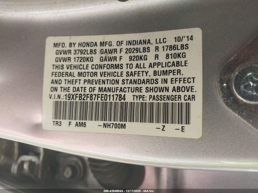 2015 Honda Civic Ex VIN: 19XFB2F87FE011784 Lot: 43946944