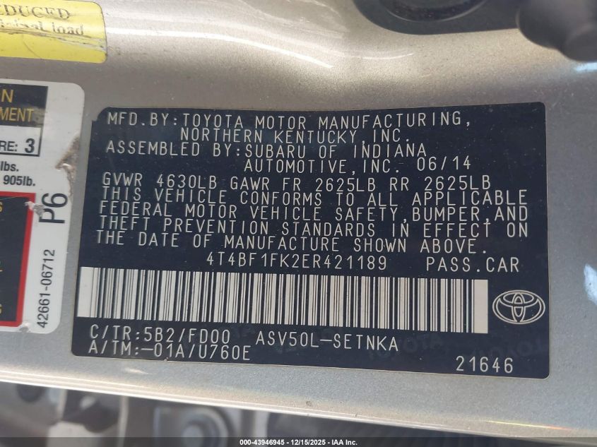 2014 Toyota Camry Le VIN: 4T4BF1FK2ER421189 Lot: 43946945