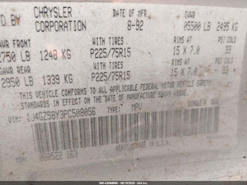 1993 Jeep Grand Cherokee Laredo VIN: 1J4GZ58Y3PC508056 Lot: 43946946