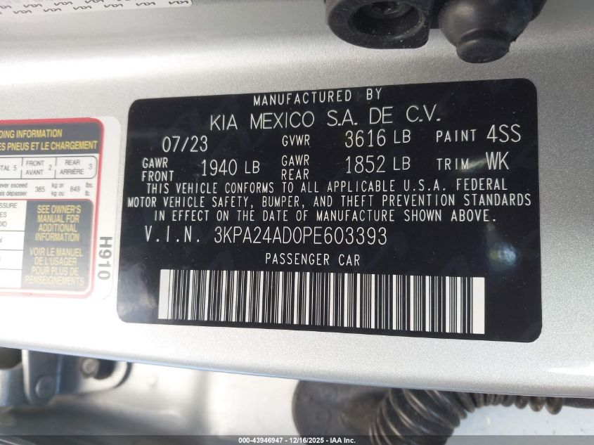 2023 Kia Rio S VIN: 3KPA24AD0PE603393 Lot: 43946947