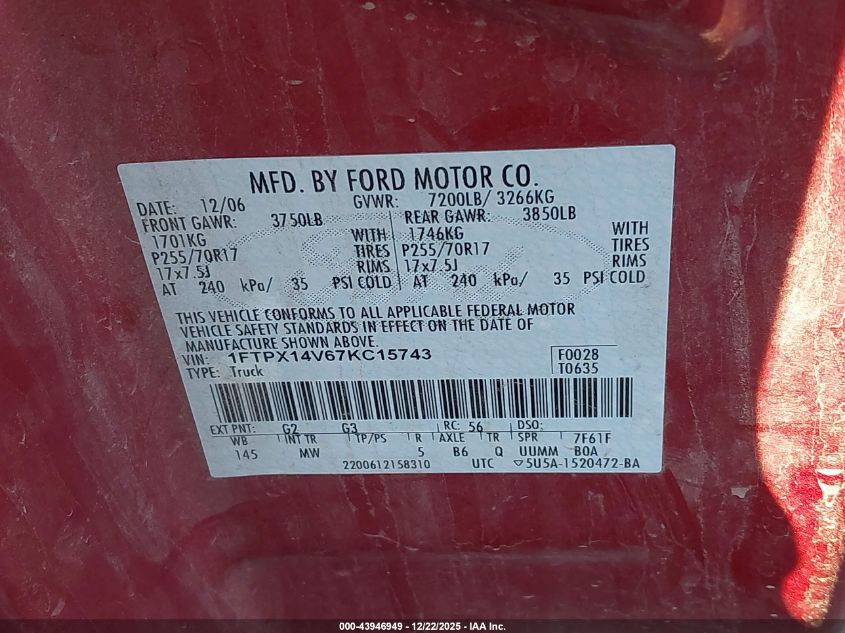 2007 Ford F-150 Fx4/Lariat/Xl/Xlt VIN: 1FTPX14V67KC15743 Lot: 43946949