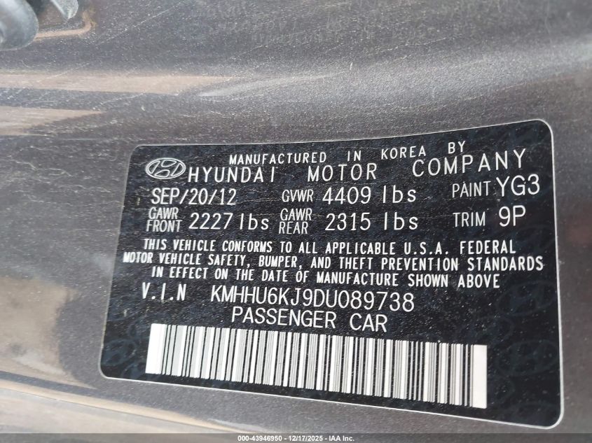 2013 Hyundai Genesis 3.8 Grand Touring VIN: KMHHU6KJ9DU089738 Lot: 43946950