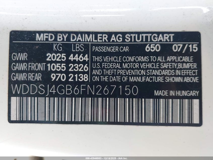 2015 Mercedes-Benz Cla 250 4Matic VIN: WDDSJ4GB6FN267150 Lot: 43946953